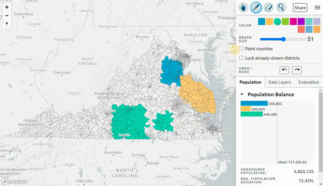 By selecting Paint Counties, we can display and use counties as
              building blocks. Brush Size will also respect this change.